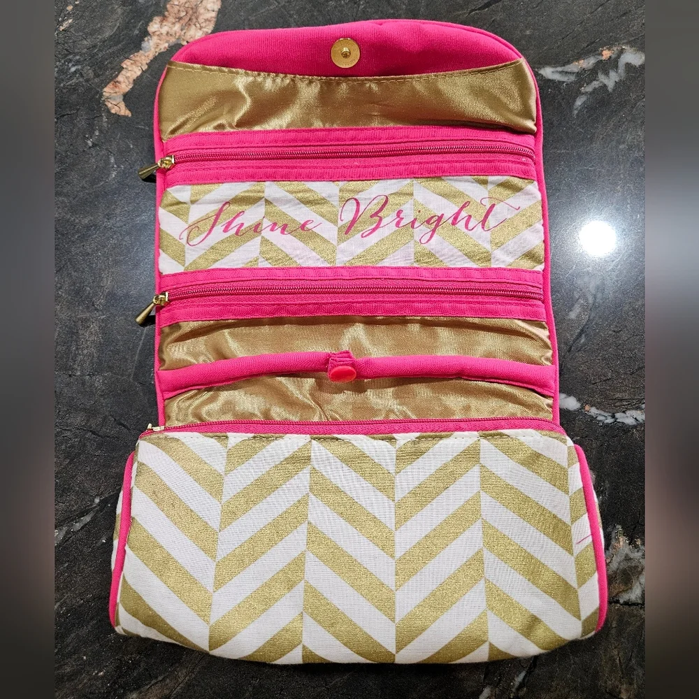JEWELRY ROLL travel case organizer holder VGUC gold pink Shine Bright
